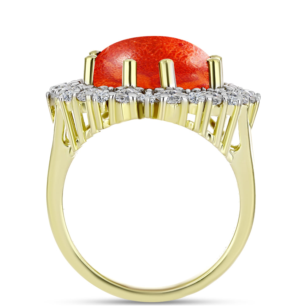Inel din Argint 925 Placat cu Aur ( 5.92 grame ) cu Coral Roșu Burete și Zircon Alb 9.42 Carate 2 