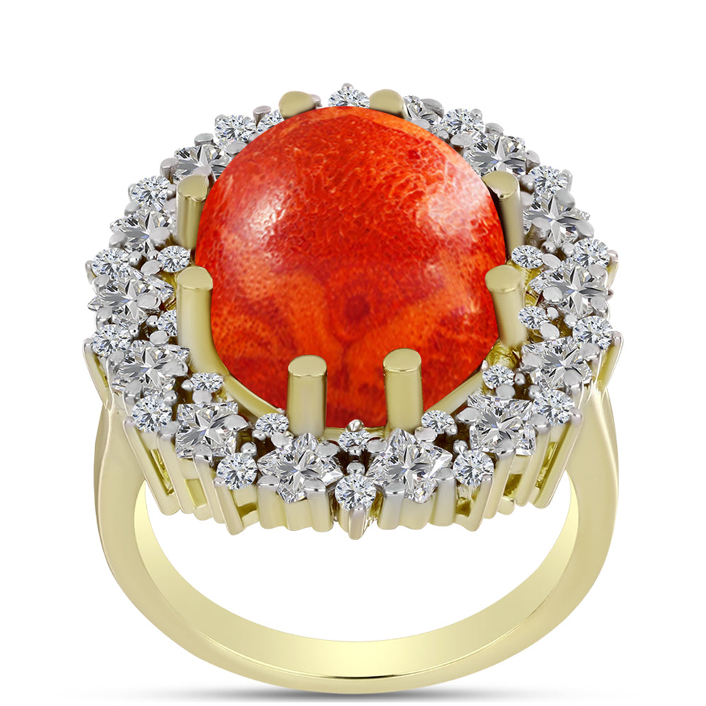 Inel din Argint 925 Placat cu Aur ( 5.92 grame ) cu Coral Roșu Burete și Zircon Alb 9.42 Carate