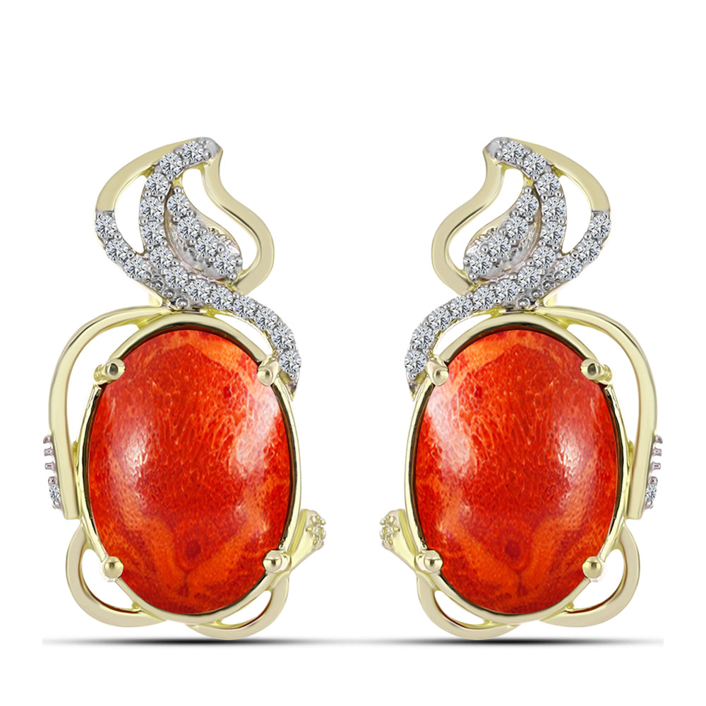 Cercei din Argint 925 Placat cu Aur ( 5.91 grame ) cu Coral Roșu Burete și Topaz Alb 10.55 Carate 1 