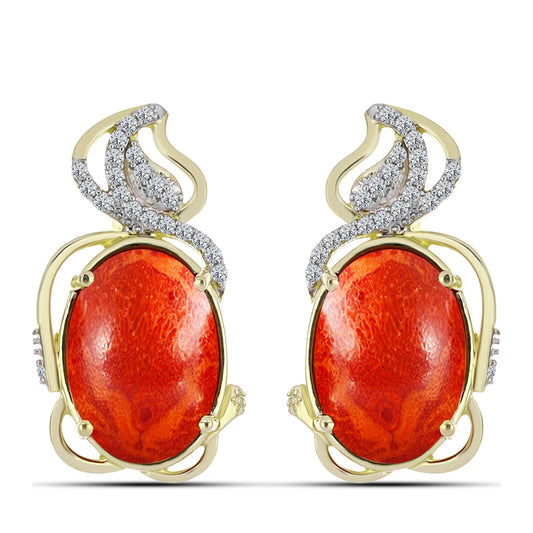 Cercei din Argint 925 Placat cu Aur ( 5.91 grame ) cu Coral Roșu Burete și Topaz Alb 10.55 Carate