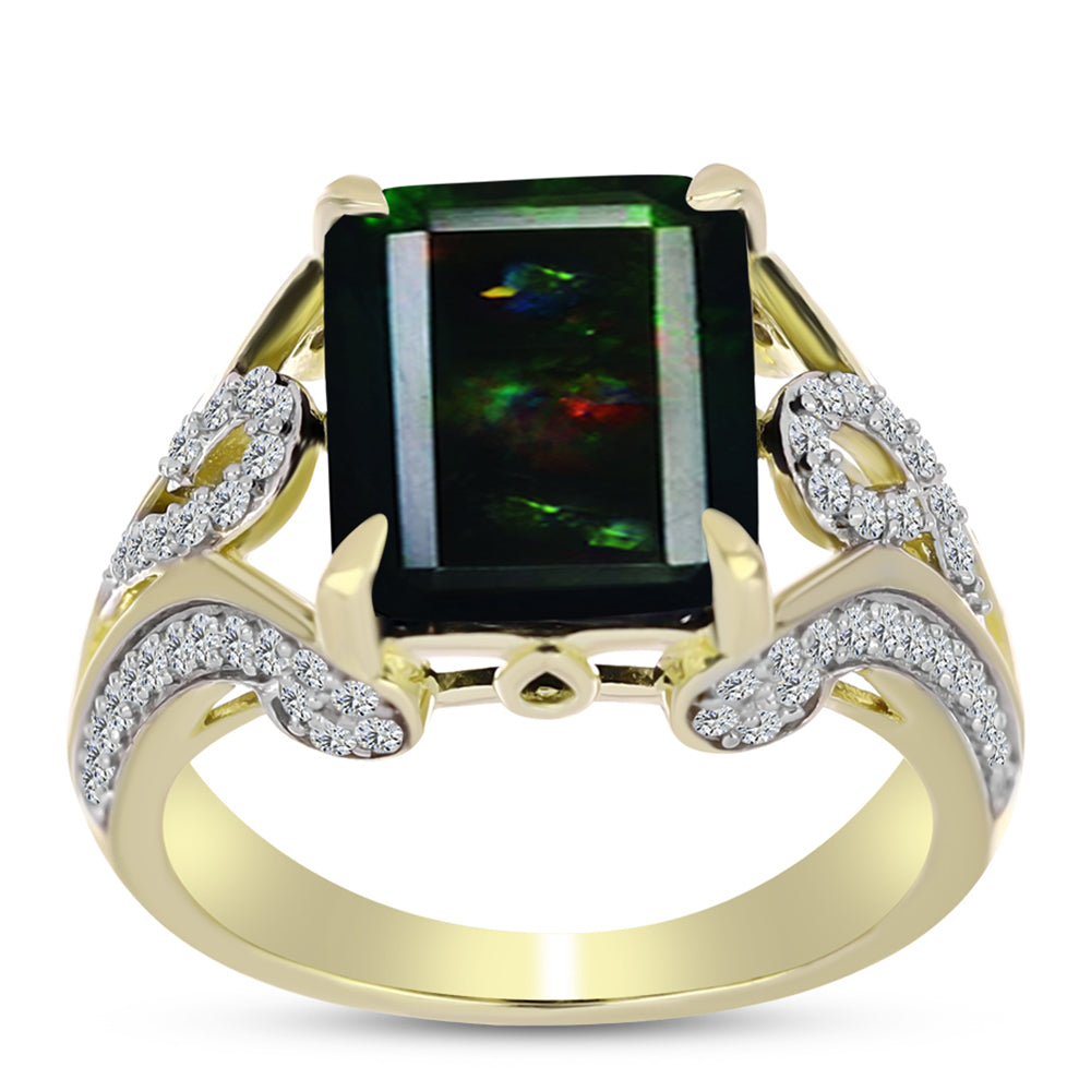 Inel din Argint 925 Placat cu Aur ( 4.91 grame ) cu Opal Etiopian Negru Lega Dembi și Topaz Alb 4.1 Carate 3 