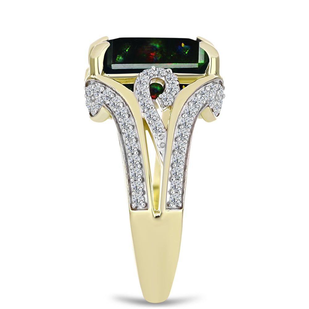 Inel din Argint 925 Placat cu Aur ( 4.91 grame ) cu Opal Etiopian Negru Lega Dembi și Topaz Alb 4.1 Carate