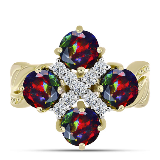 Inel din Argint 925 Placat cu Aur ( 4.58 grame ) cu Opal Etiopian Negru Lega Dembi și Topaz Alb 2.43 Carate