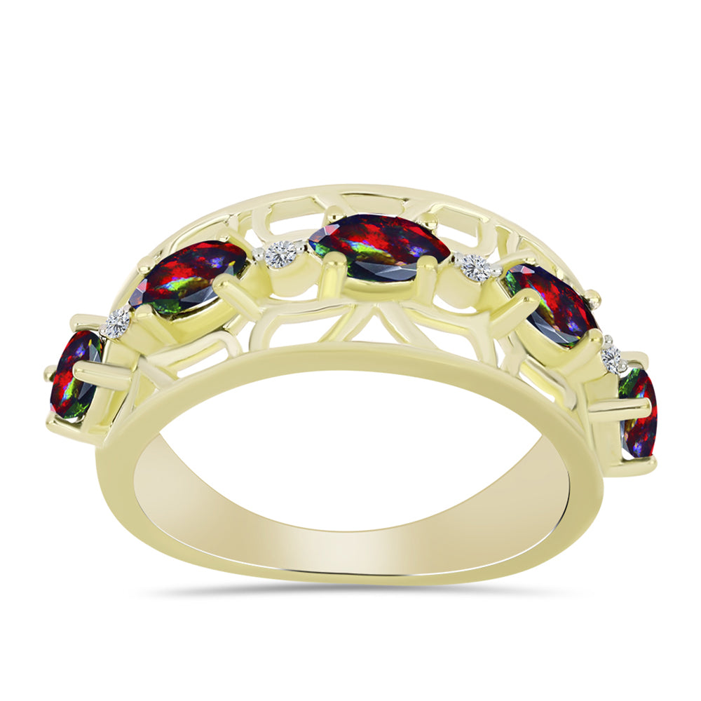Inel din Argint 925 Placat cu Aur ( 5.22 grame ) cu Opal Etiopian Negru Lega Dembi și Topaz Alb 0.82 Carate