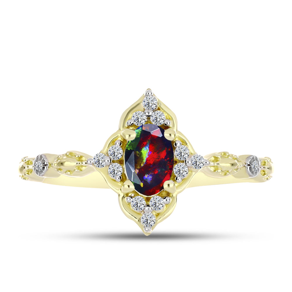 Inel din Argint 925 Placat cu Aur ( 2.48 grame ) cu Opal Etiopian Negru Lega Dembi și Topaz Alb 0.37 Carate 1 