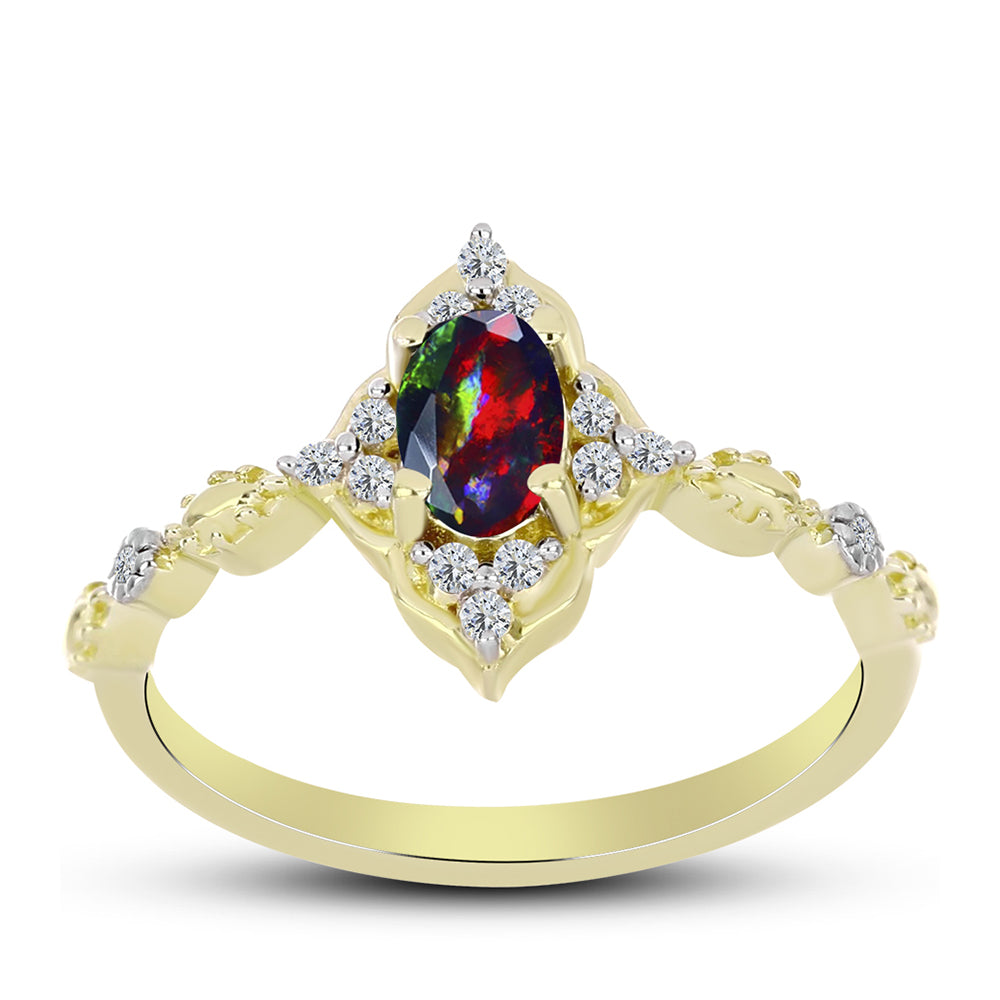 Inel din Argint 925 Placat cu Aur ( 2.48 grame ) cu Opal Etiopian Negru Lega Dembi și Topaz Alb 0.37 Carate
