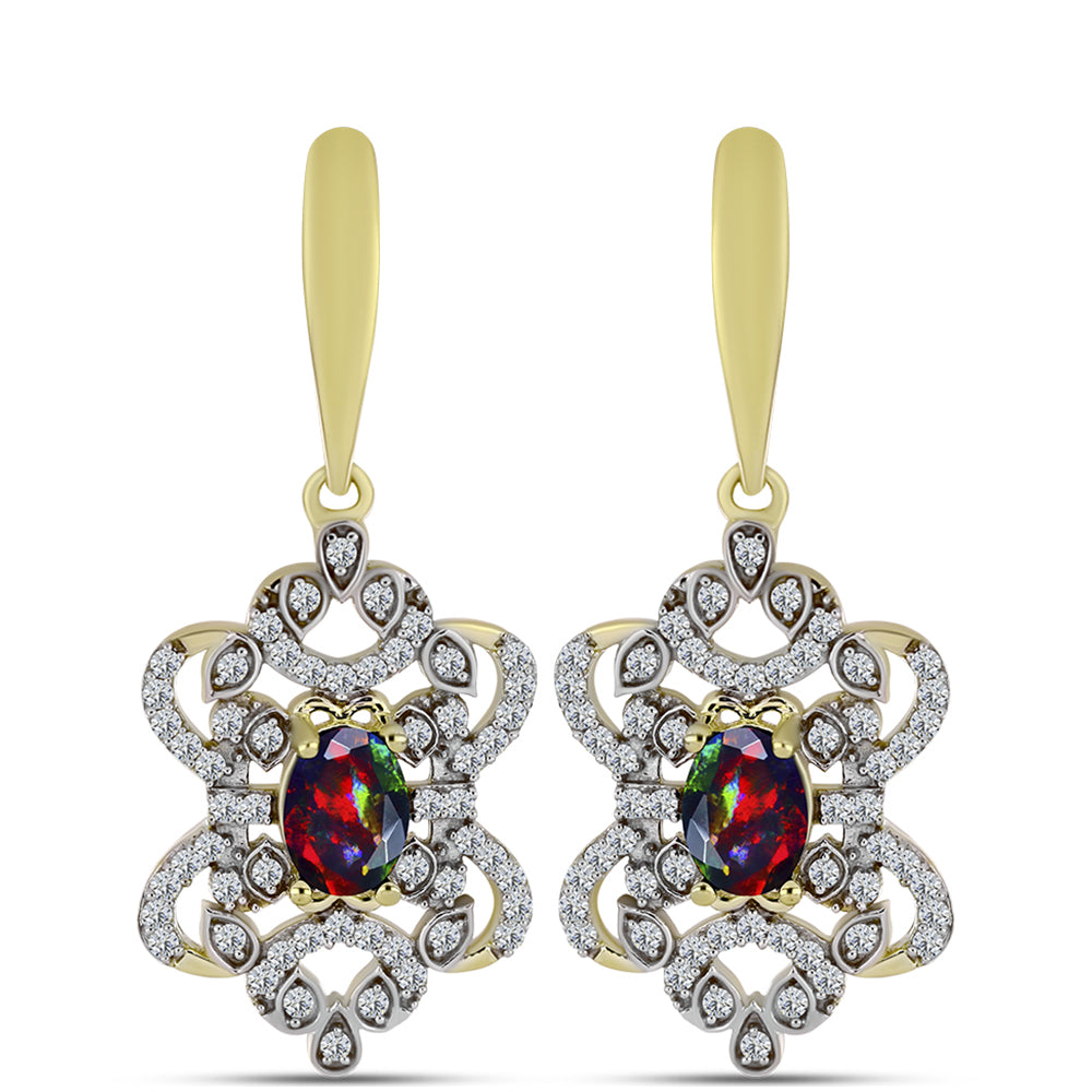 Cercei din Argint 925 Placat cu Aur ( 5.8 grame ) cu Opal Etiopian Negru Lega Dembi și Topaz Alb 1.74 Carate