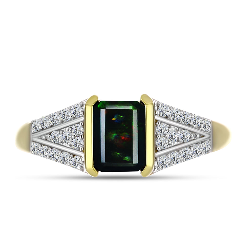 Inel din Argint 925 Placat cu Aur ( 2.91 grame ) cu Opal Etiopian Negru Lega Dembi și Topaz Alb 0.83 Carate 1 