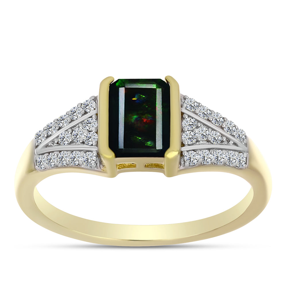 Inel din Argint 925 Placat cu Aur ( 2.91 grame ) cu Opal Etiopian Negru Lega Dembi și Topaz Alb 0.83 Carate 3 