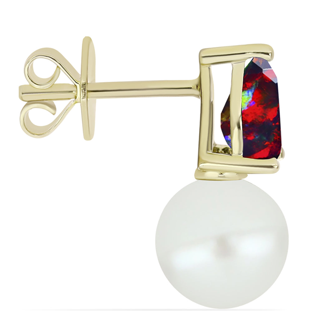 Set din Argint 925 Placat cu Aur ( 3.69 grame ) cu Opal Etiopian Negru Lega Dembi și Perlă de Apă Dulce Albă 18.37 Carate ( Cercei+Inel+Pandantiv ) 6 
