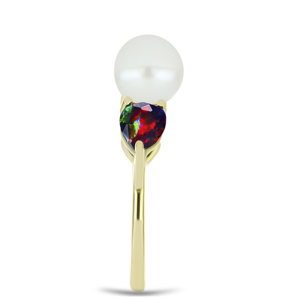 Set din Argint 925 Placat cu Aur ( 3.69 grame ) cu Opal Etiopian Negru Lega Dembi și Perlă de Apă Dulce Albă 18.37 Carate ( Cercei+Inel+Pandantiv ) 9 