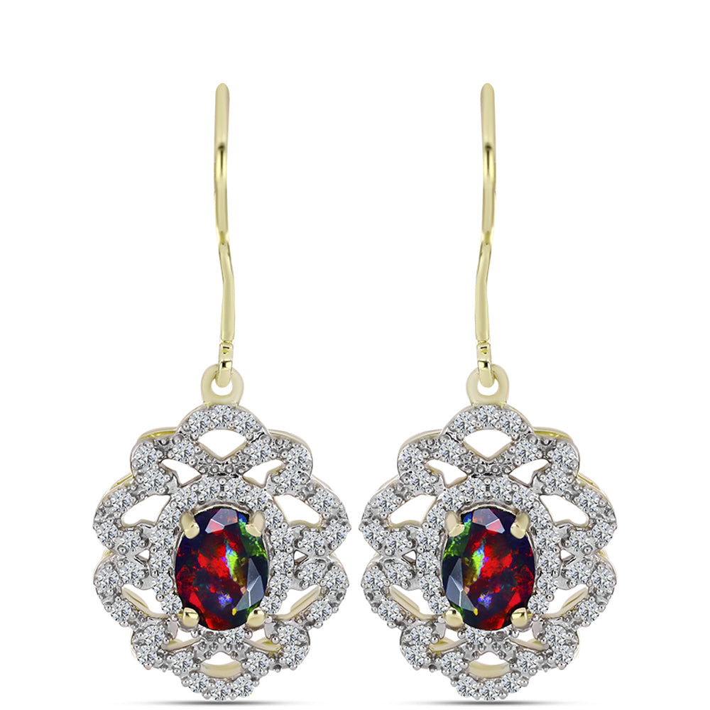 Cercei din Argint 925 Placat cu Aur ( 3.76 grame ) cu Opal Etiopian Negru Lega Dembi și Topaz Alb 1.64 Carate 1 