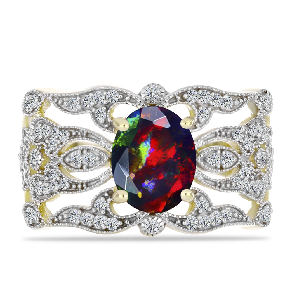 Inel din Argint 925 Placat cu Aur ( 4.55 grame ) cu Opal Etiopian Negru Lega Dembi și Topaz Alb 1.68 Carate 1 