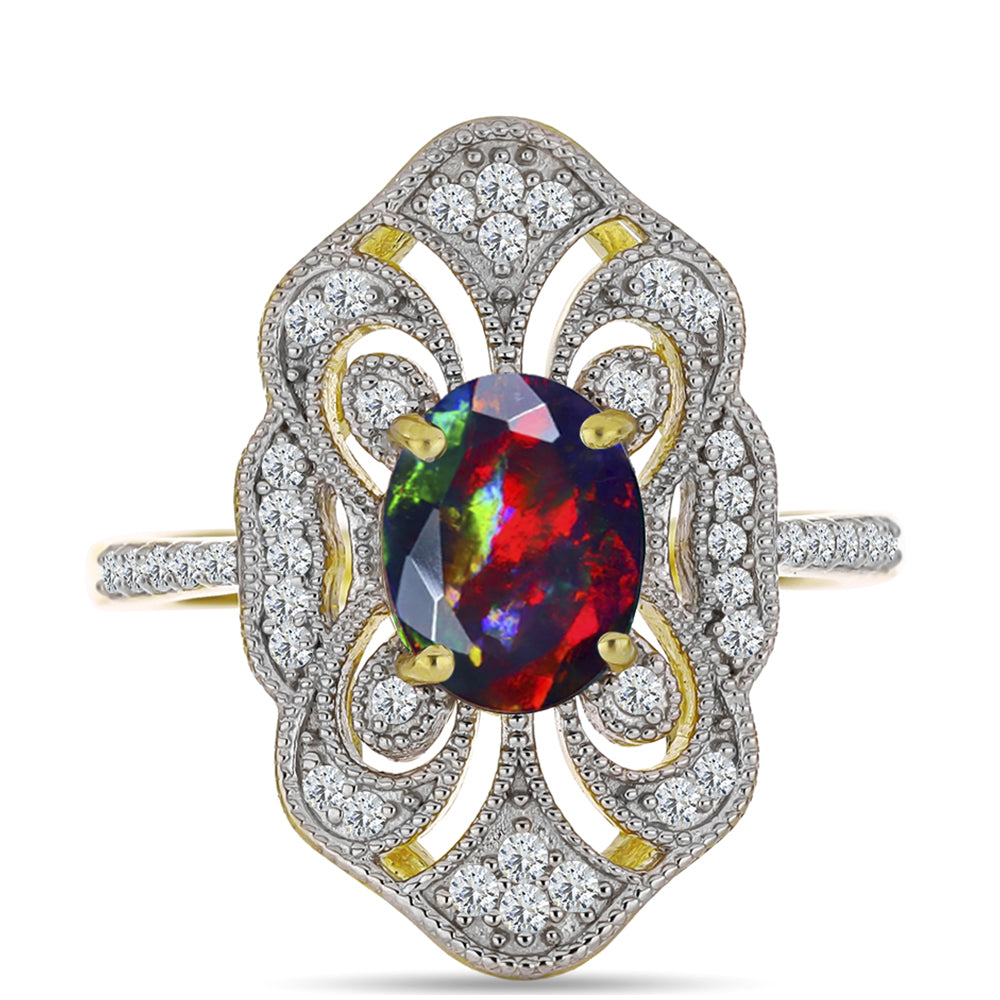 Inel din Argint 925 Placat cu Aur ( 3.98 grame ) cu Opal Etiopian Negru Lega Dembi și Topaz Alb 1.48 Carate 1 