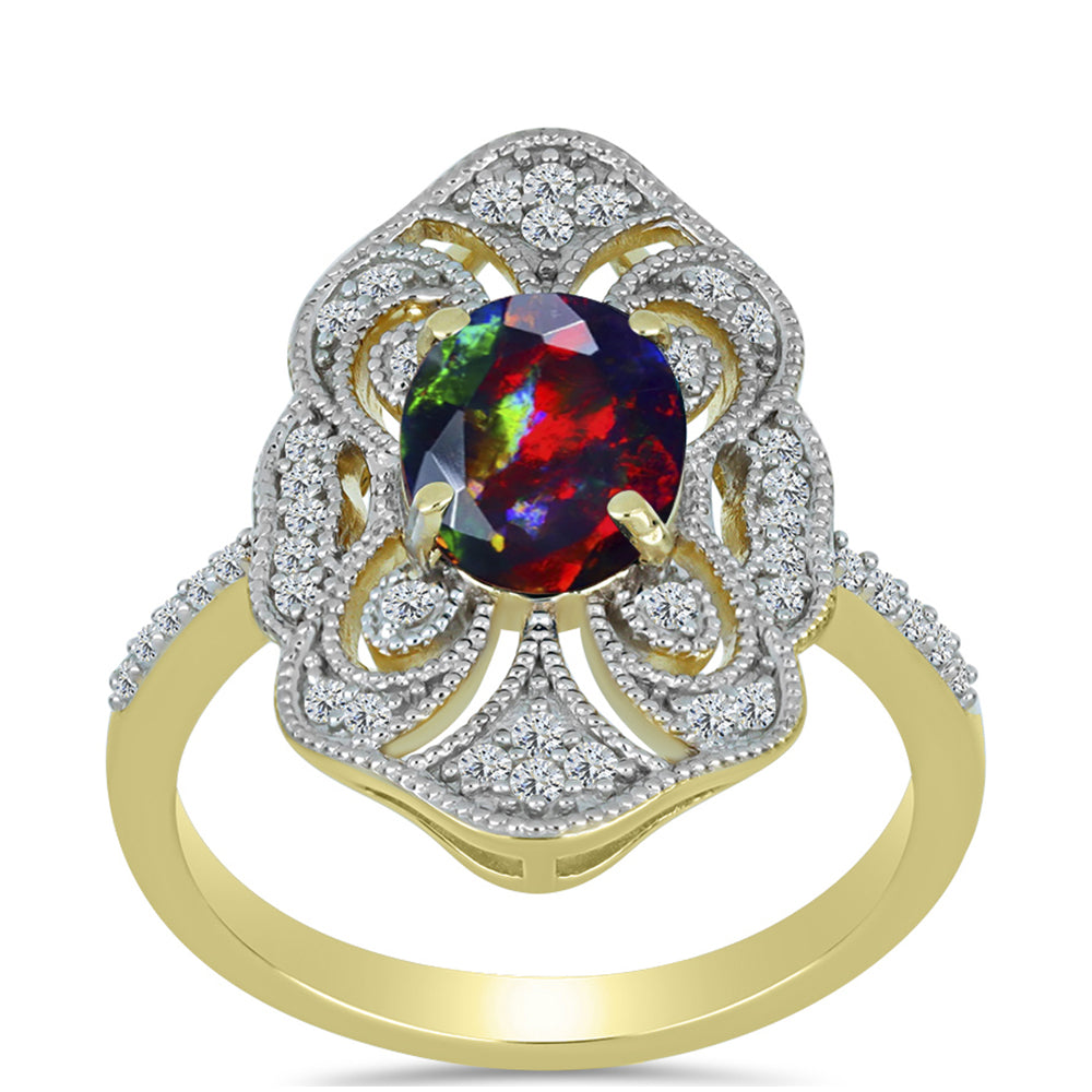 Inel din Argint 925 Placat cu Aur ( 3.98 grame ) cu Opal Etiopian Negru Lega Dembi și Topaz Alb 1.48 Carate 3 