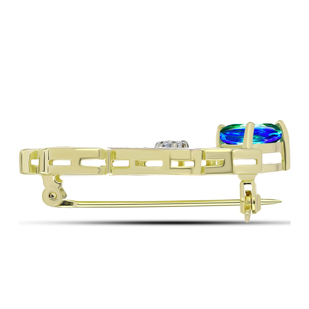 Broşă din Argint 925 Placat cu Aur ( 4.13 grame ) cu Cuarț Păun și Topaz Alb 1.87 Carate