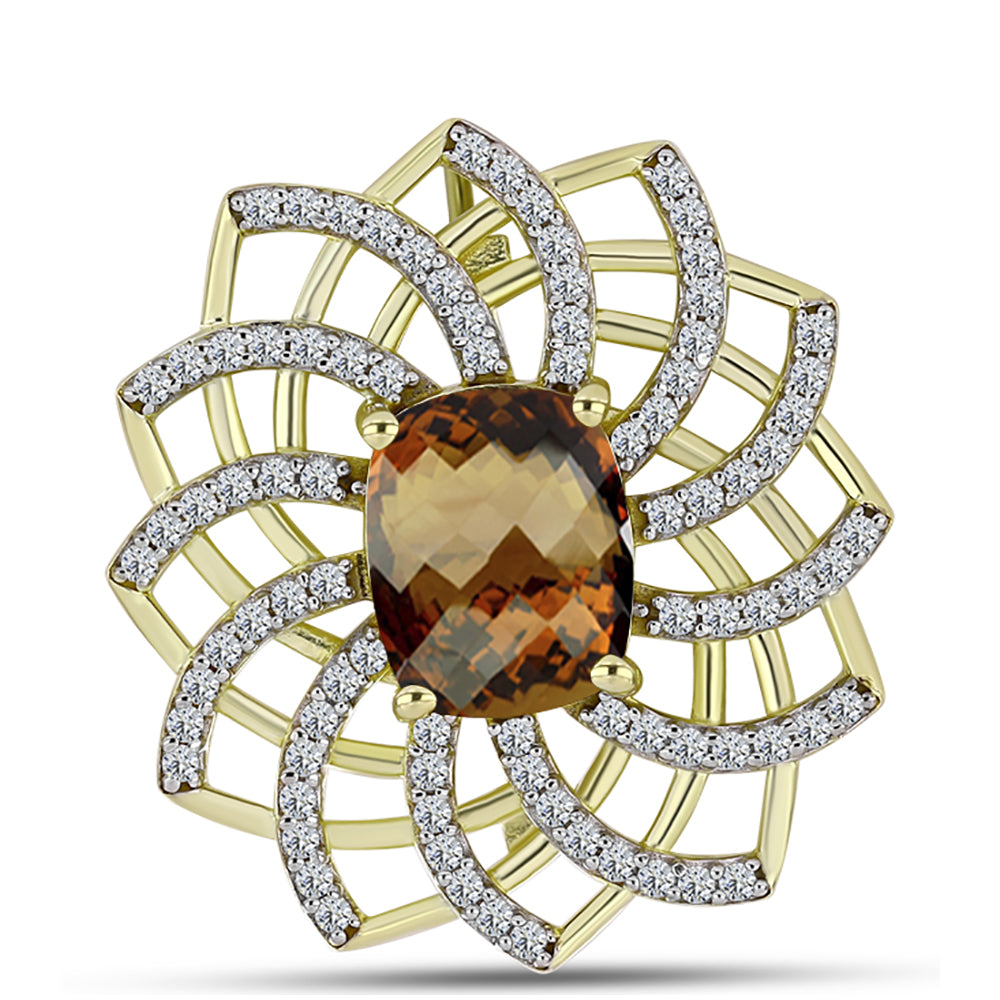 Broşă din Argint 925 Placat cu Aur ( 4.6 grame ) cu Cuarț Coniac și Topaz Alb 3.05 Carate