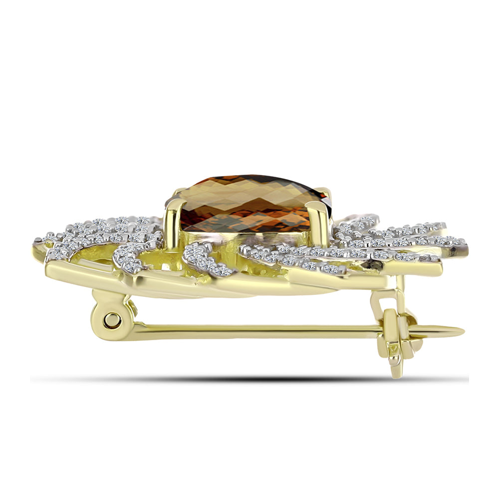 Broşă din Argint 925 Placat cu Aur ( 4.6 grame ) cu Cuarț Coniac și Topaz Alb 3.05 Carate