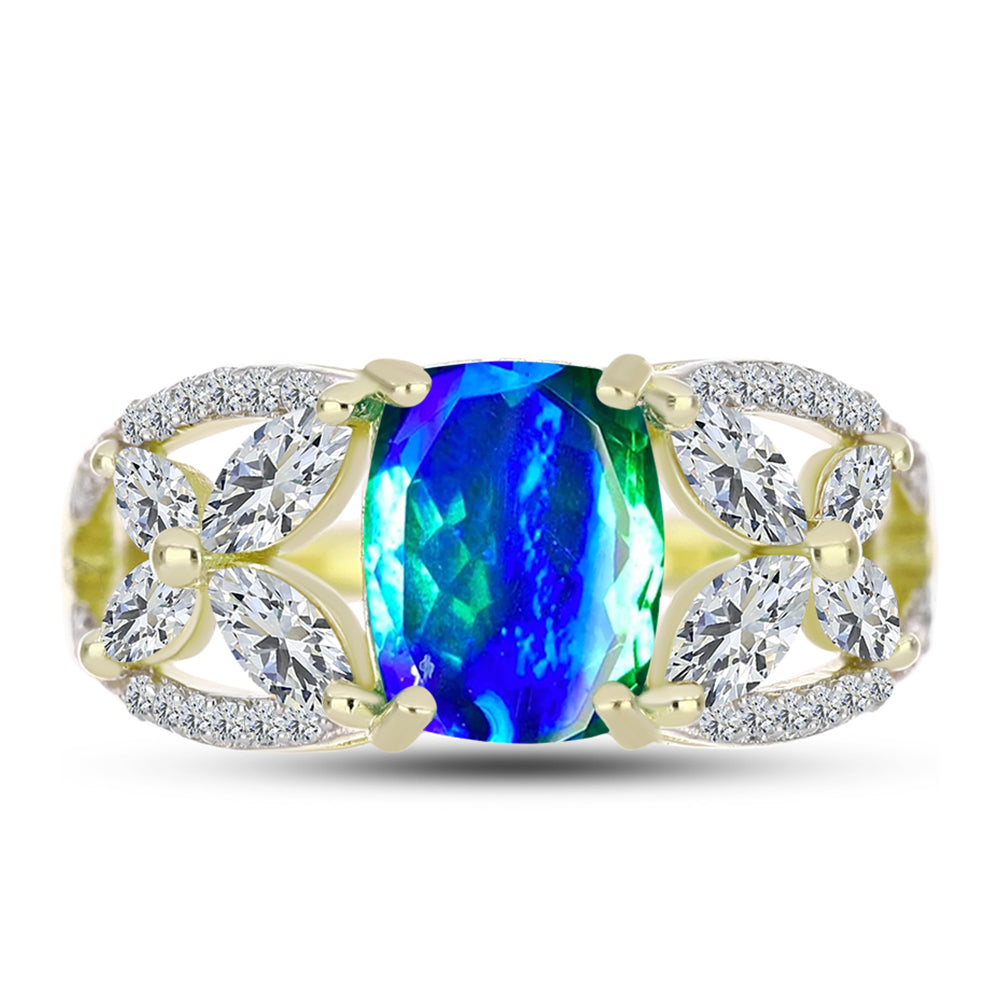 Inel din Argint 925 Placat cu Aur ( 3.21 grame ) cu Cuarț Păun și Topaz Alb 3.12 Carate