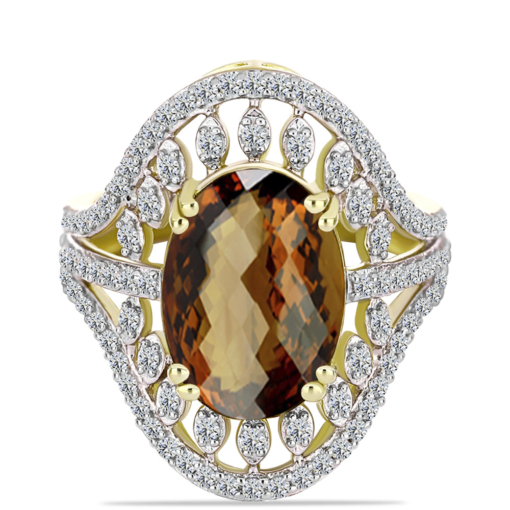 Inel din Argint 925 Placat cu Aur ( 5.72 grame ) cu Cuarț Coniac și Topaz Alb 5.51 Carate 1 
