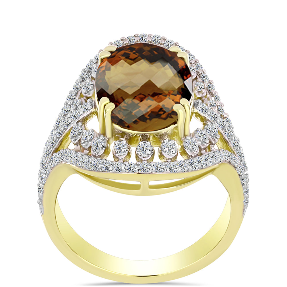 Inel din Argint 925 Placat cu Aur ( 5.72 grame ) cu Cuarț Coniac și Topaz Alb 5.51 Carate