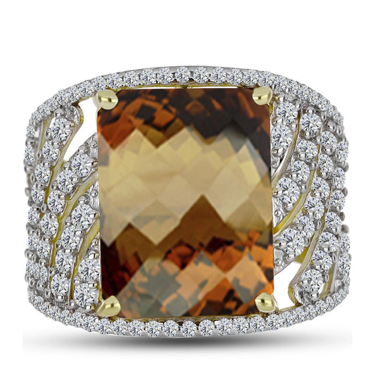 Inel din Argint 925 Placat cu Aur ( 6.53 grame ) cu Cuarț Coniac și Topaz Alb 10.95 Carate