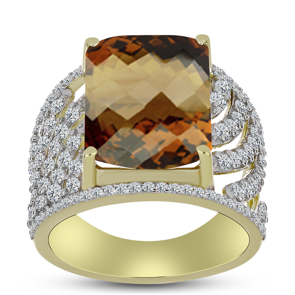 Inel din Argint 925 Placat cu Aur ( 6.53 grame ) cu Cuarț Coniac și Topaz Alb 10.95 Carate 3 