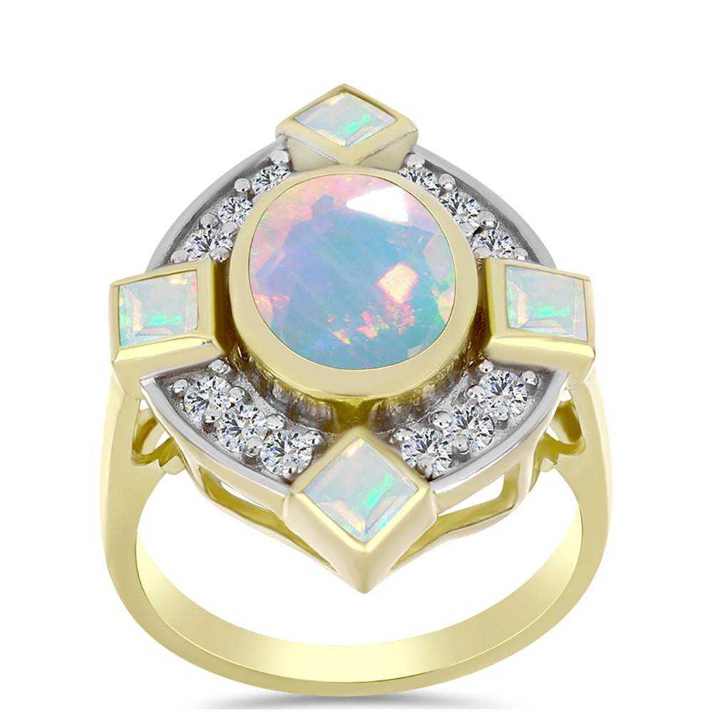 Inel din Argint 925 Placat cu Aur ( 4.65 grame ) cu Opal Welo și Topaz Alb 2.3 Carate 3 