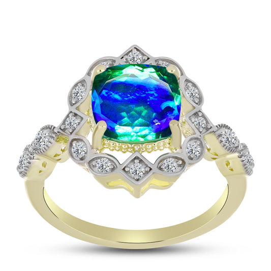 Inel din Argint 925 Placat cu Aur ( 3.88 grame ) cu Cuarț Păun și Topaz Alb 3 Carate