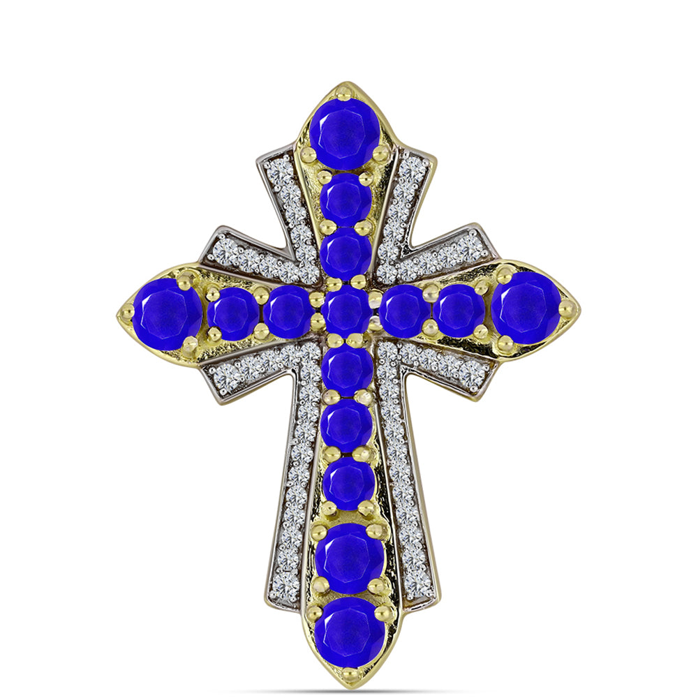 Cruce Pandantiv din Argint 925 Placat cu Aur ( 4.75 grame ) cu Agat Albastru și Topaz Alb 2.79 Carate 1 