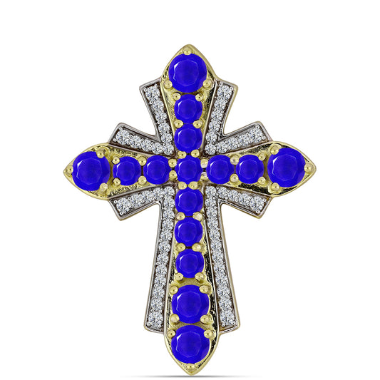 Cruce Pandantiv din Argint 925 Placat cu Aur ( 4.75 grame ) cu Agat Albastru și Topaz Alb 2.79 Carate
