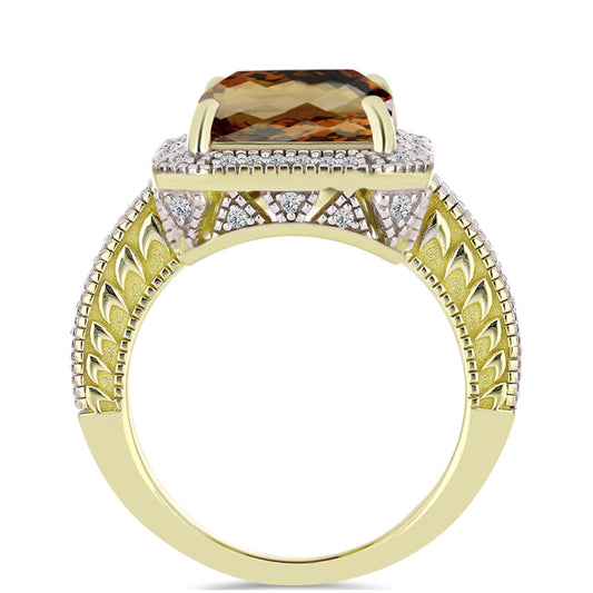 Inel din Argint 925 Placat cu Aur ( 7.26 grame ) cu Cuarț Coniac și Topaz Alb 5.91 Carate