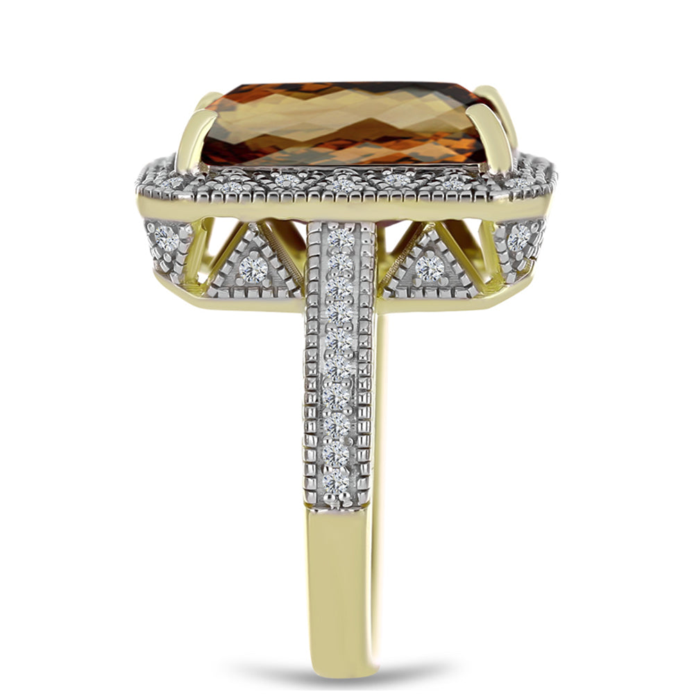 Inel din Argint 925 Placat cu Aur ( 7.26 grame ) cu Cuarț Coniac și Topaz Alb 5.91 Carate 4 