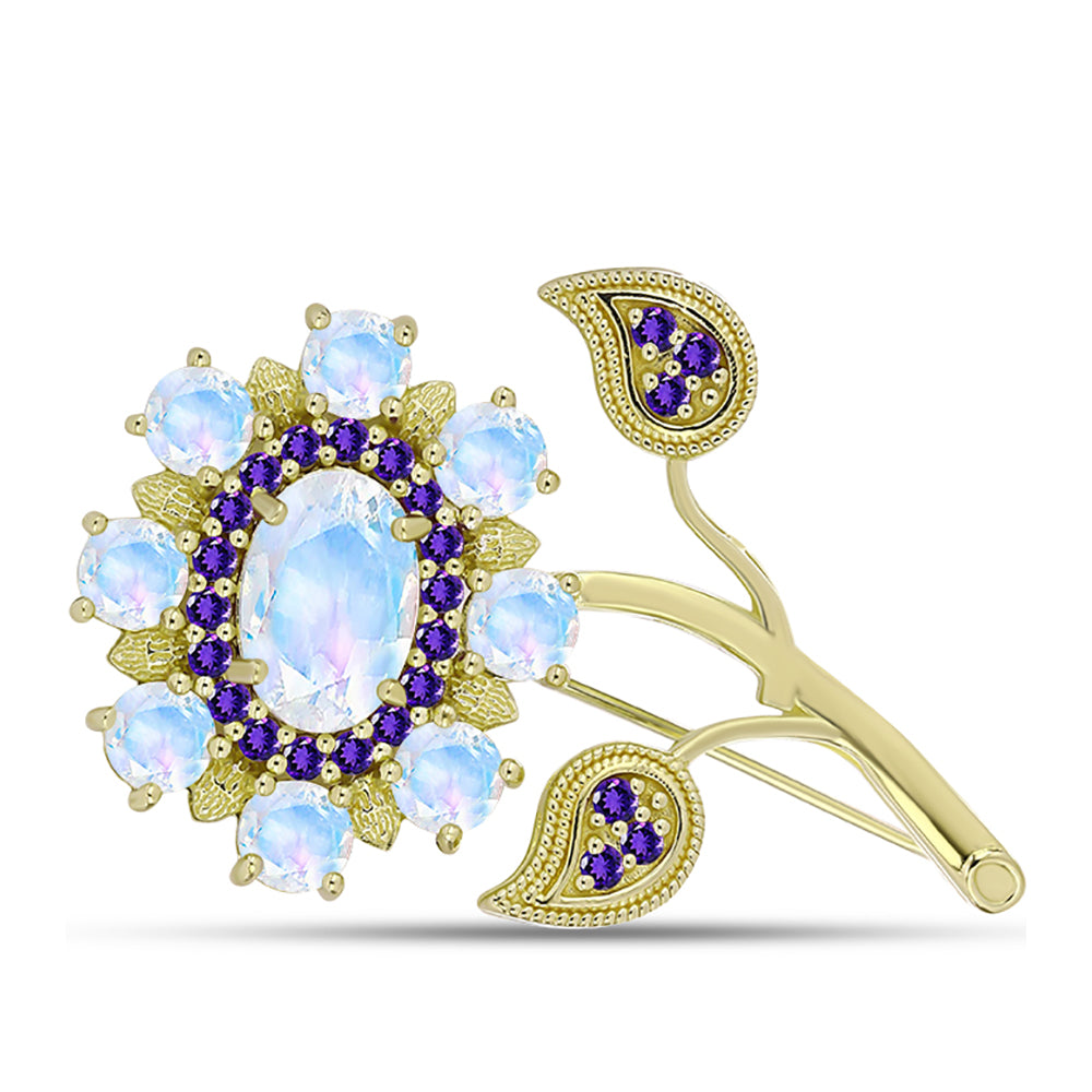Broşă din Argint 925 Placat cu Aur ( 6.58 grame ) cu Piatra Lunii Curcubeu și Ametist Marocan 8.27 Carate