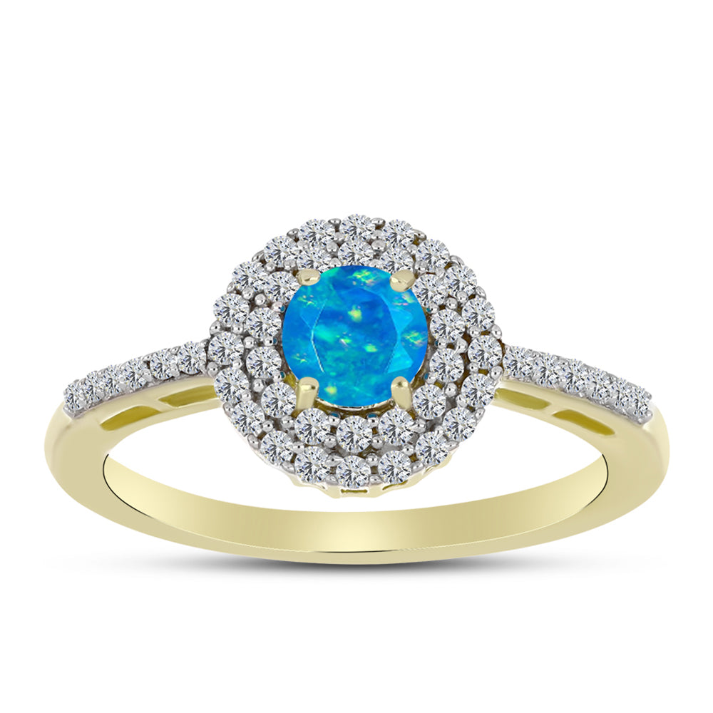 Inel din Argint 925 Placat cu Aur ( 2.52 grame ) cu Opal Albastru Etiopian Paraiba și Topaz Alb 0.67 Carate