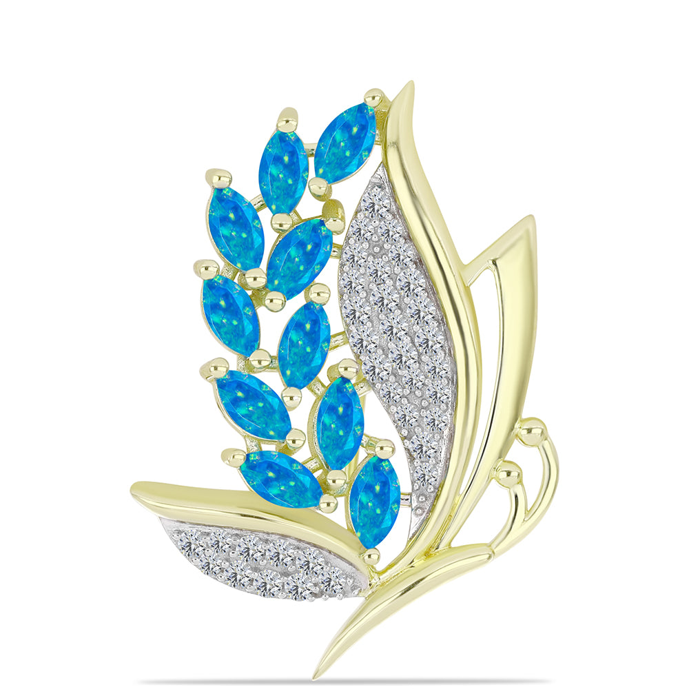 Broşă din Argint 925 Placat cu Aur ( 4.69 grame ) cu Opal Albastru Etiopian Paraiba și Topaz Alb 1.39 Carate