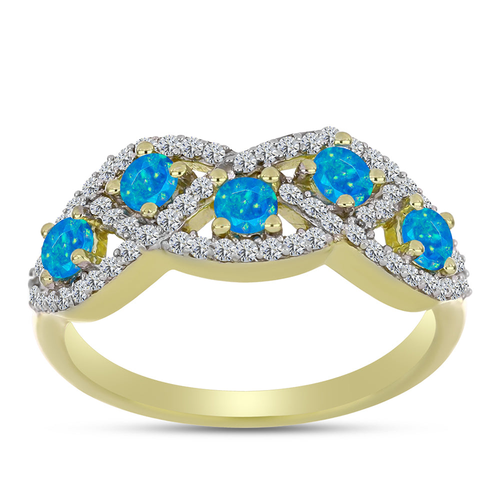 Inel din Argint 925 Placat cu Aur ( 3.32 grame ) cu Opal Albastru Etiopian Paraiba și Topaz Alb 0.77 Carate