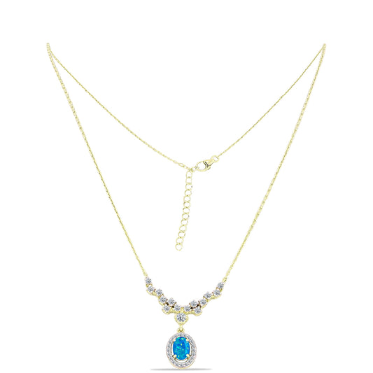 Colier din Argint 925 Placat cu Aur ( 4.76 grame ) cu Opal Albastru Etiopian Paraiba și Topaz Alb 1.36 Carate