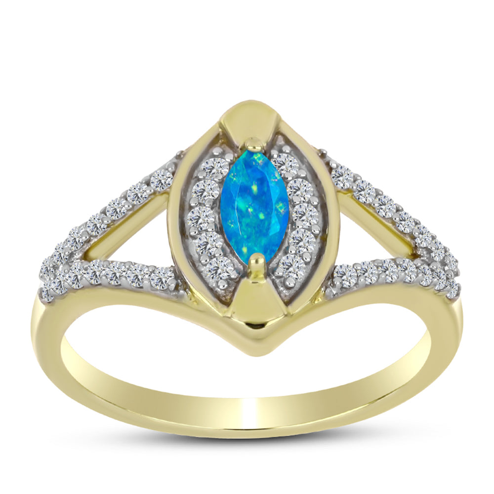 Inel din Argint 925 Placat cu Aur ( 3.28 grame ) cu Opal Albastru Etiopian Paraiba și Topaz Alb 0.44 Carate