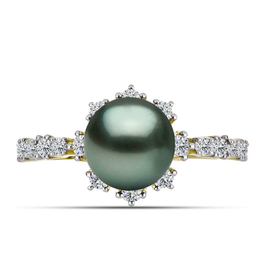 Inel din Argint 925 Placat cu Aur ( 2.3 grame ) cu Perlă De apă Dulce cu Efect "Verde Tahitian" și Topaz Alb 2.63 Carate