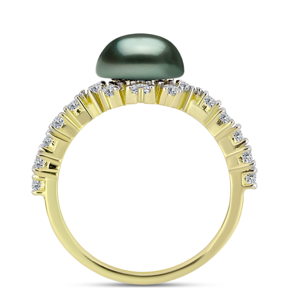 Inel din Argint 925 Placat cu Aur ( 2.3 grame ) cu Perlă De apă Dulce cu Efect "Verde Tahitian" și Topaz Alb 2.63 Carate 3 