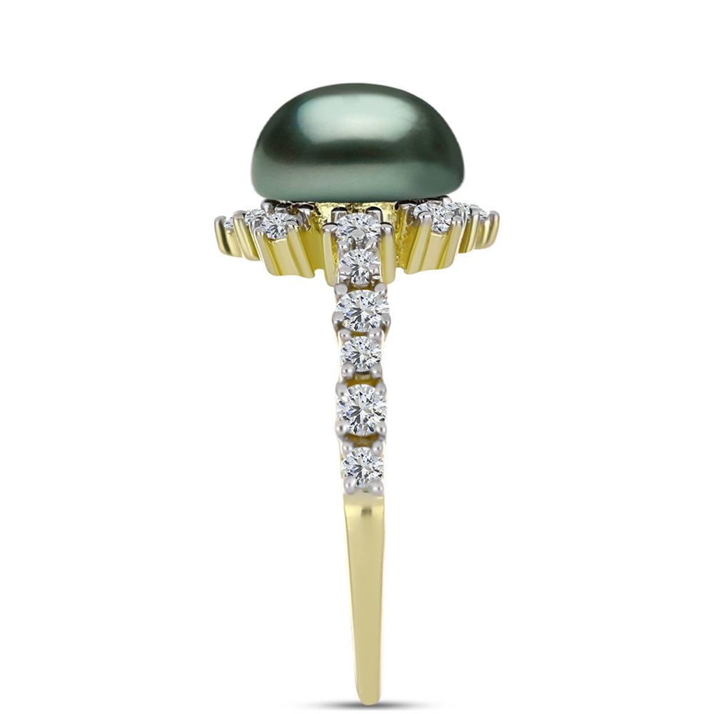 Inel din Argint 925 Placat cu Aur ( 2.3 grame ) cu Perlă De apă Dulce cu Efect "Verde Tahitian" și Topaz Alb 2.63 Carate 4 