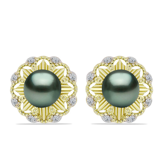 Cercei din Argint 925 Placat cu Aur ( 6.26 grame ) cu Perlă De apă Dulce cu Efect "Verde Tahitian" și Topaz Alb 4.45 Carate