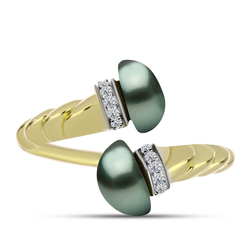 Inel din Argint 925 Placat cu Aur ( 3.91 grame ) cu Perlă De apă Dulce cu Efect "Verde Tahitian" și Topaz Alb 4.41 Carate
