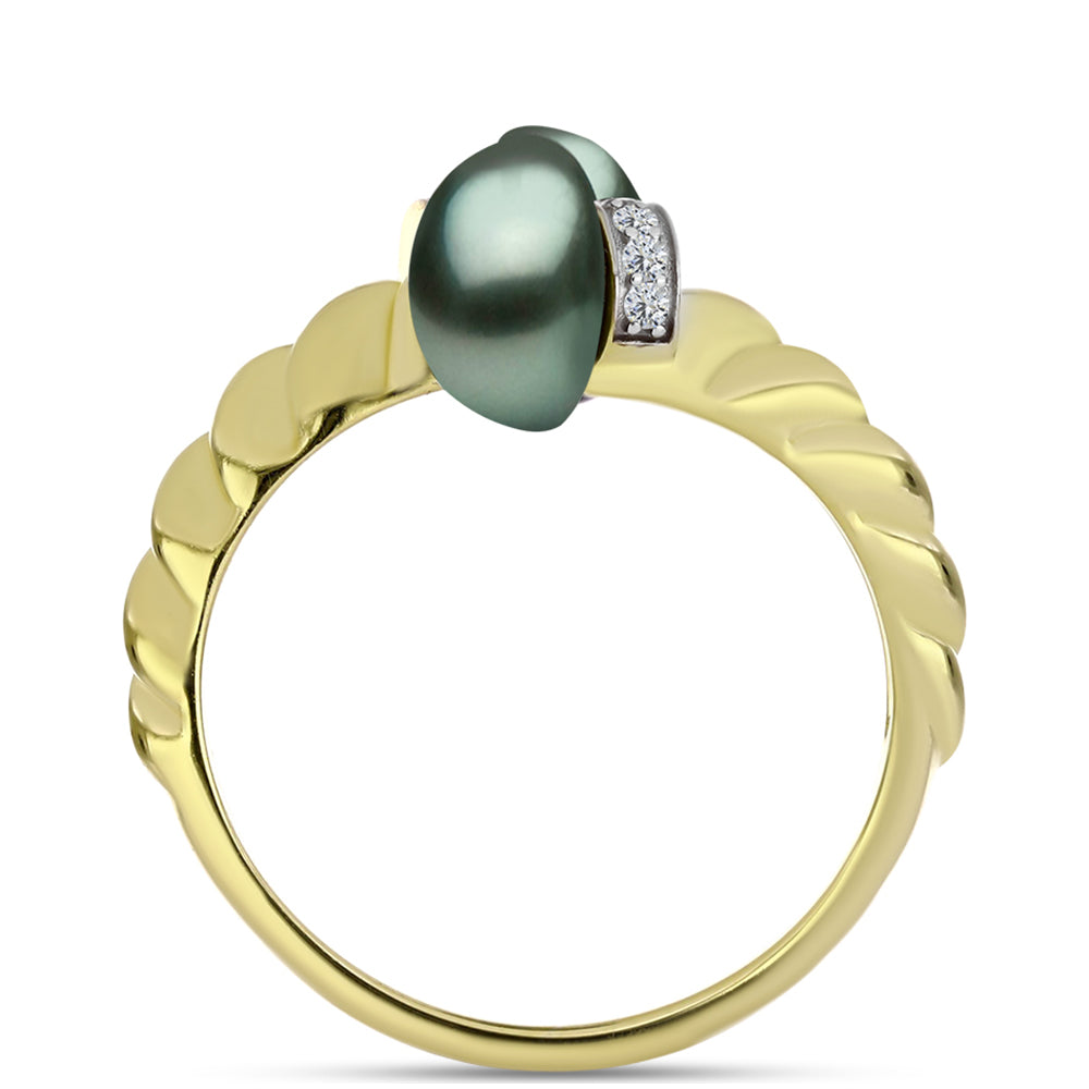 Inel din Argint 925 Placat cu Aur ( 3.91 grame ) cu Perlă De apă Dulce cu Efect "Verde Tahitian" și Topaz Alb 4.41 Carate 2 