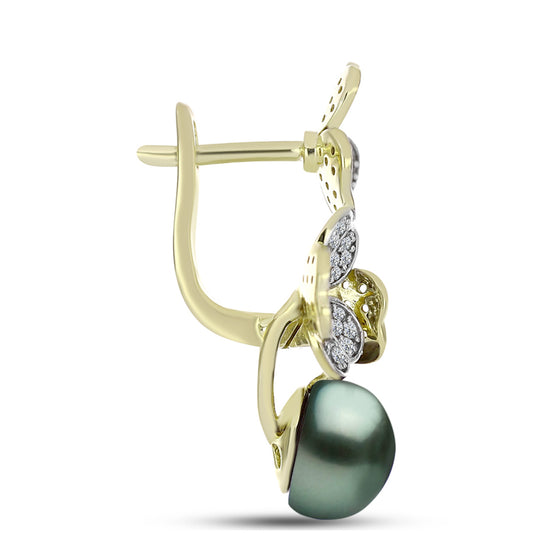 Cercei din Argint 925 Placat cu Aur ( 6.34 grame ) cu Perlă De apă Dulce cu Efect "Verde Tahitian" și Topaz Alb 5.25 Carate