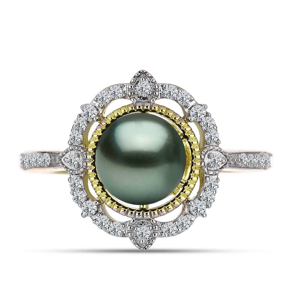Inel din Argint 925 Placat cu Aur ( 3.82 grame ) cu Perlă De apă Dulce cu Efect "Verde Tahitian" și Topaz Alb 2.56 Carate 1 