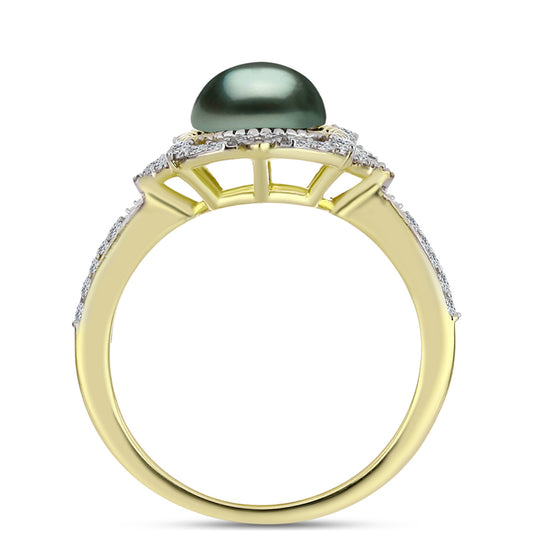 Inel din Argint 925 Placat cu Aur ( 3.82 grame ) cu Perlă De apă Dulce cu Efect "Verde Tahitian" și Topaz Alb 2.56 Carate