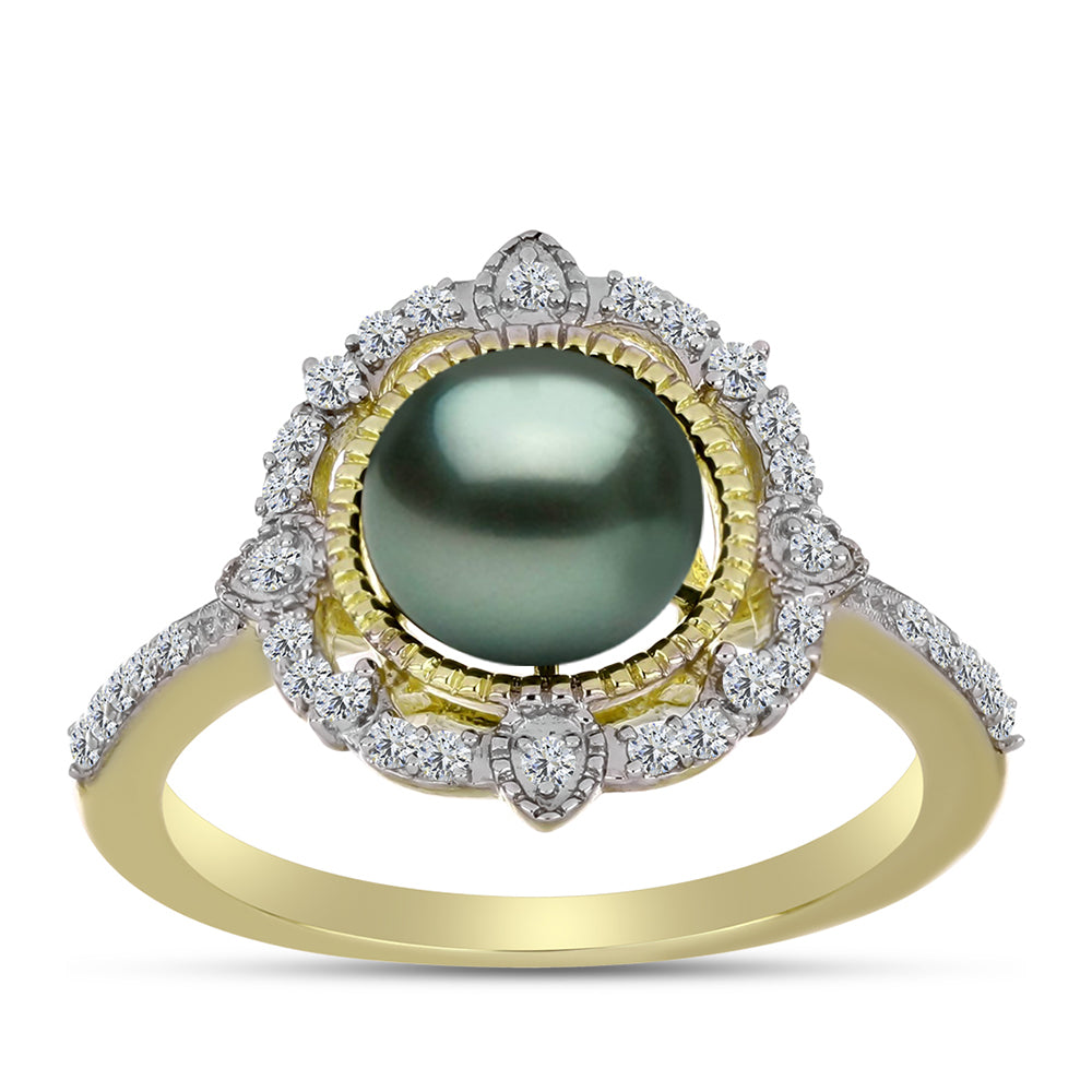 Inel din Argint 925 Placat cu Aur ( 3.82 grame ) cu Perlă De apă Dulce cu Efect "Verde Tahitian" și Topaz Alb 2.56 Carate 3 