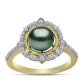 Inel din Argint 925 Placat cu Aur ( 3.82 grame ) cu Perlă De apă Dulce cu Efect "Verde Tahitian" și Topaz Alb 2.56 Carate
